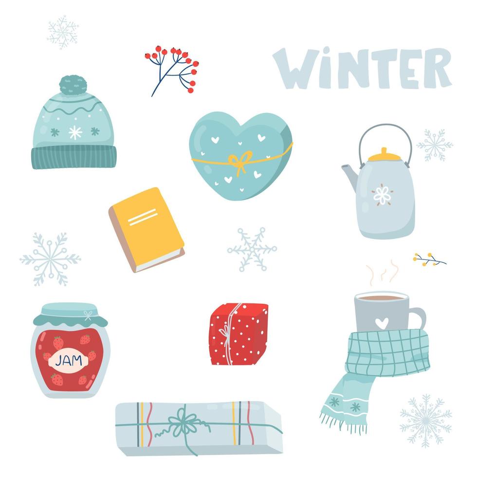 invierno. ropa de invierno acogedora. un conjunto de cosas lindas de invierno. ilustración vectorial aislada. tetera, mermelada, taza de bufanda de libro, vector de regalos en dibujos animados planos blancos