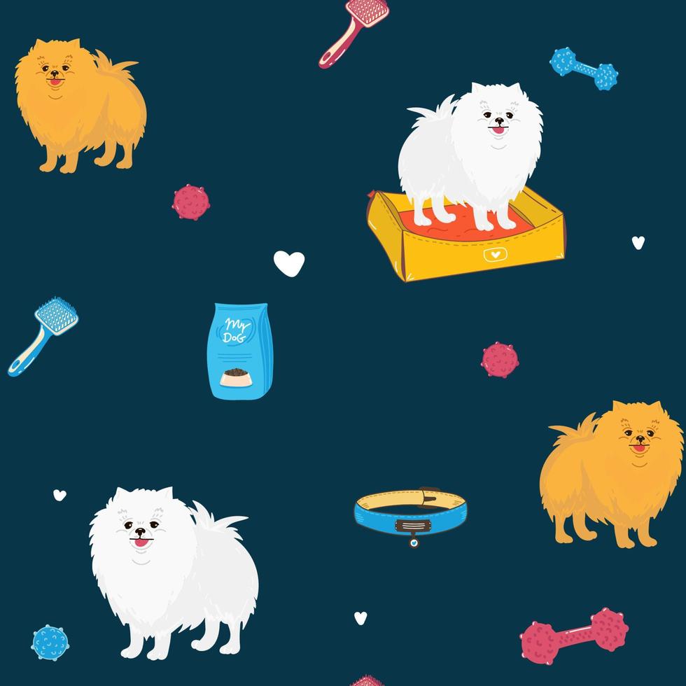 seamless pattern with cartoon dog. Cute Dog breeding white pomeranian spitz for wallpaper, pattern fills, greeting cards, webpage backgrounds, wrapping paper textile, fabric. Vector illustration