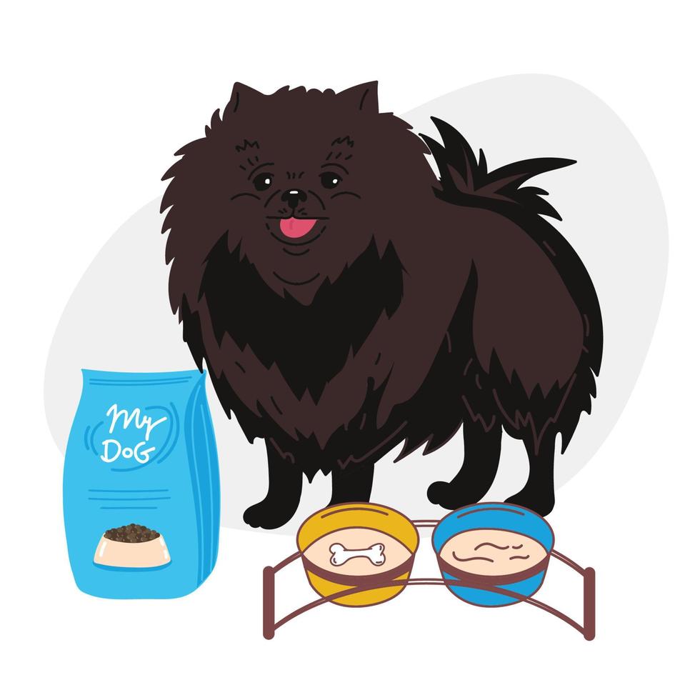 perro mascota cachorro sentado con el plato de comida regalo food.dog raza pomerania spitz. el perro está de pie junto a un plato de comida y un paquete de comida vector