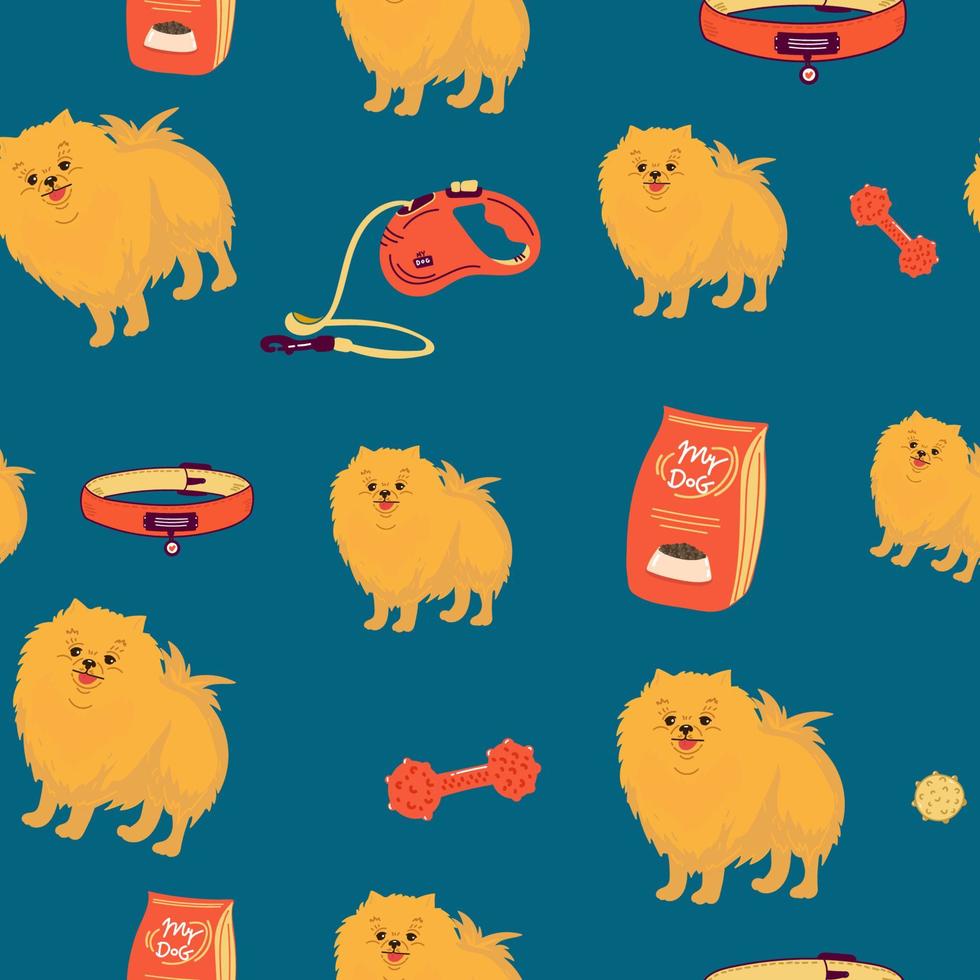Unusual seamless pattern with cartoon dogs. Pomeranian spitz. Good for wallpaper, pattern fills, greeting cards, webpage backgrounds, wrapping paper, textile or fabric. Vector illustration.