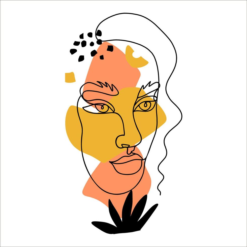 rostro de mujer contemporánea creativa y elementos florales un dibujo de línea continua. arte lineal . Retrato femenino moderno abstracto pintado en estilo minimalista con hojas. ilustración vectorial. vector