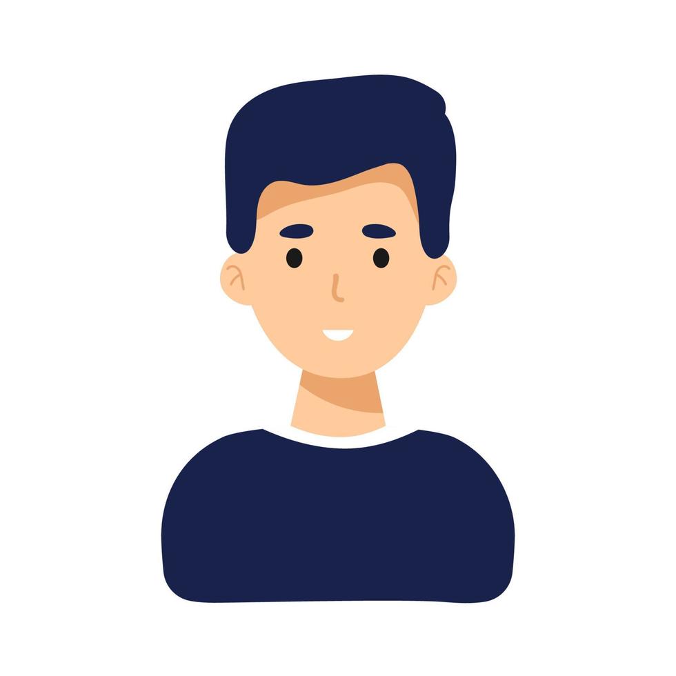 icono emotivo de cara de hombre. personaje masculino sonriente en la ilustración de vector plano de camisa azul aislado en blanco. feliz retrato psicológico humano. avatar de usuario de emociones positivas. para aplicaciones, diseño web