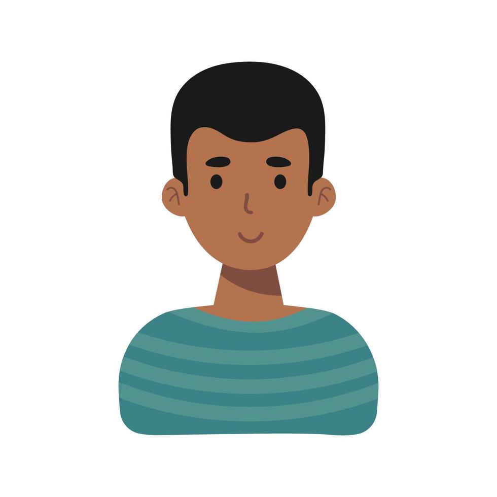 icono emotivo de cara de hombre. sonriente personaje masculino africano americano. Ilustración de vector plano aislado en blanco. feliz retrato psicológico humano. avatar de usuario de emociones positivas. para aplicaciones, diseño web