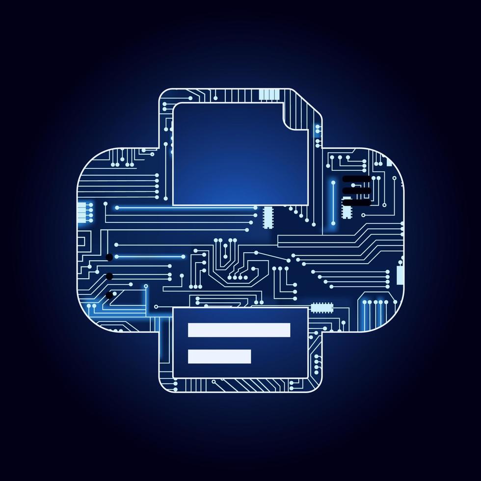 Impresora con circuito electrónico. fondo azul y degradado. vector