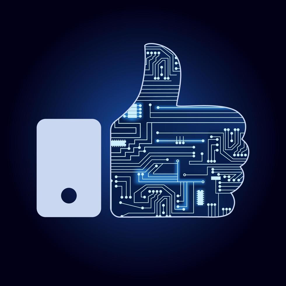 Like icon with thumb up filed by electronics circuit. Blue and gradient background. vector