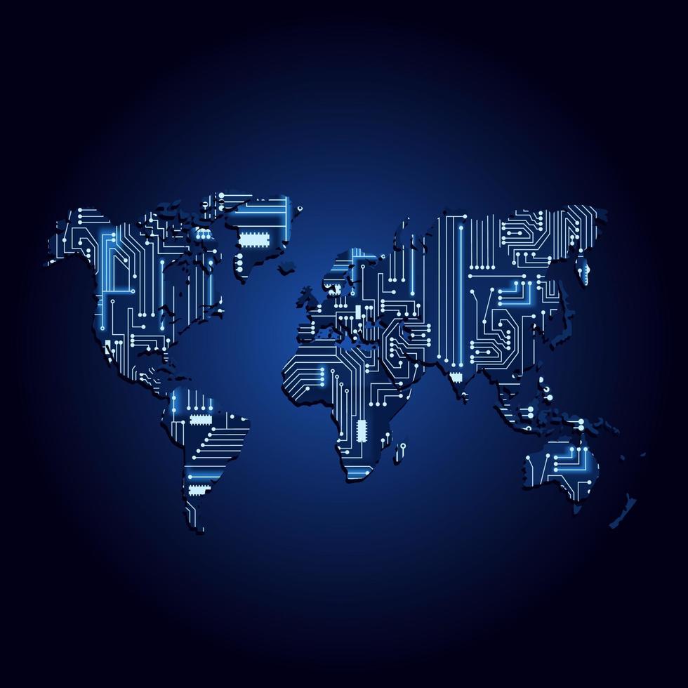 Tecnología de mapa mundial 5g. Mapa del mundo 5g con circuito electrónico. fondo azul y degradado. vector