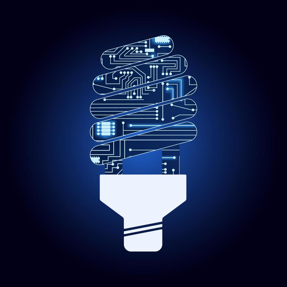 Lámpara fluorescente con circuito electrónico. fondo azul y degradado. concepto de eficiencia energética. vector