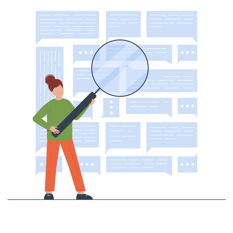 Woman with magnifying glass is looking for information. Data search and exploration concept. Documents archive and tracking in database. Vector illustration in flat style.