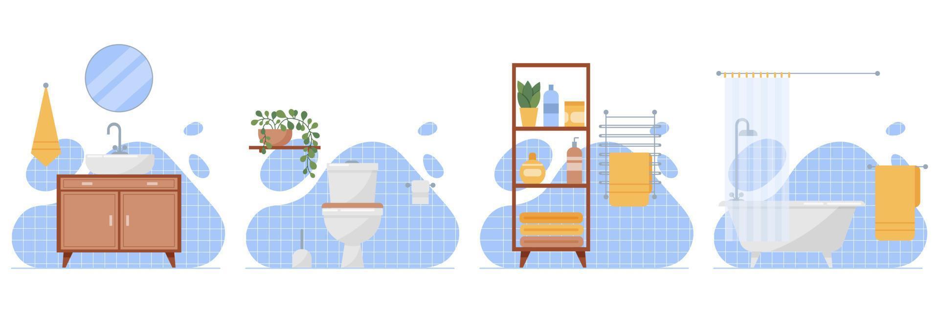 Diseño de interiores de baño e inodoro con muebles y artículos de baño: mueble con lavabo, espejo, toallero, inodoro, estante de baño con botellas, bañera con mampara, azulejos azules. vector