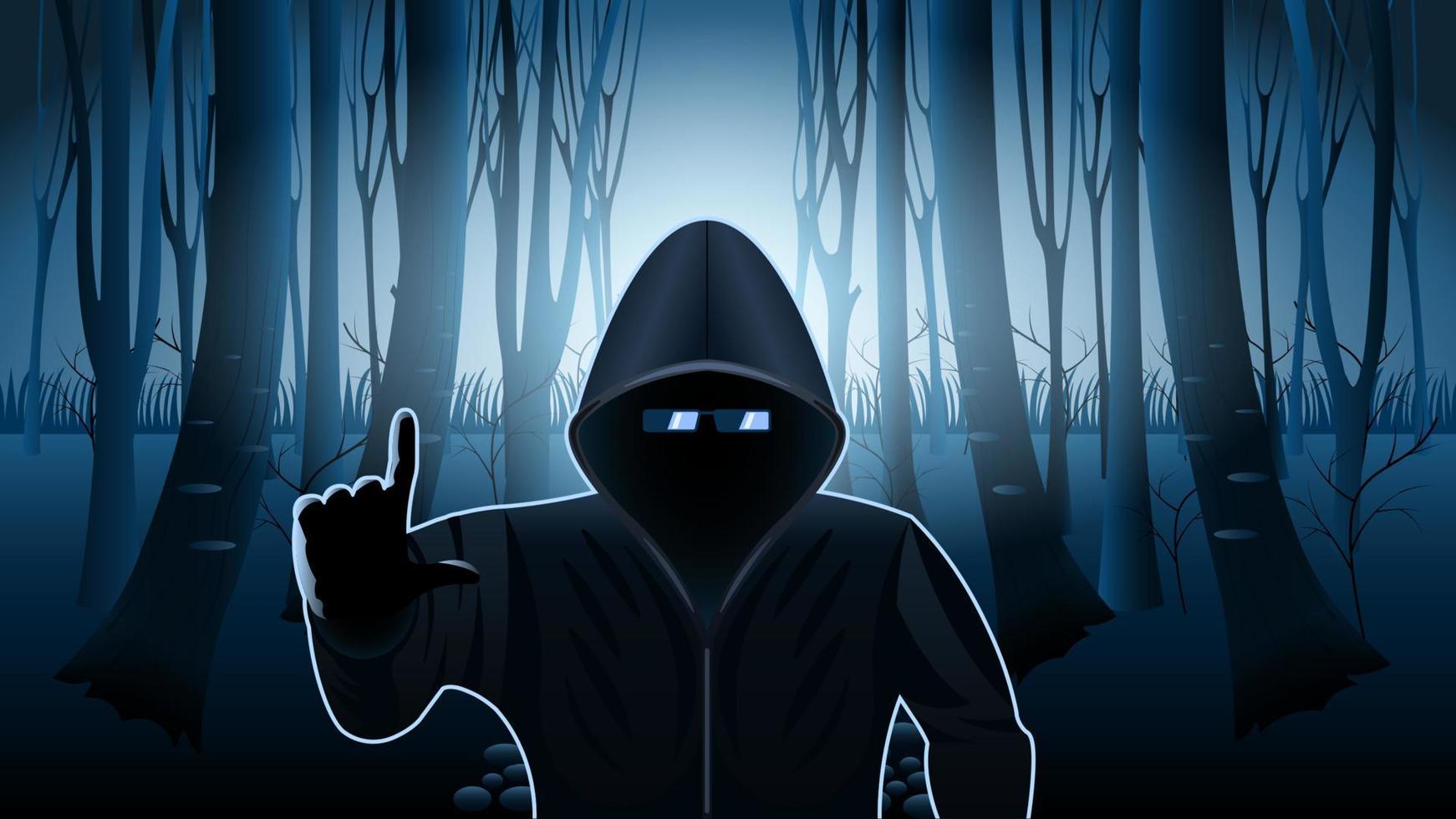 hombre encapuchado en el bosque misterioso vector