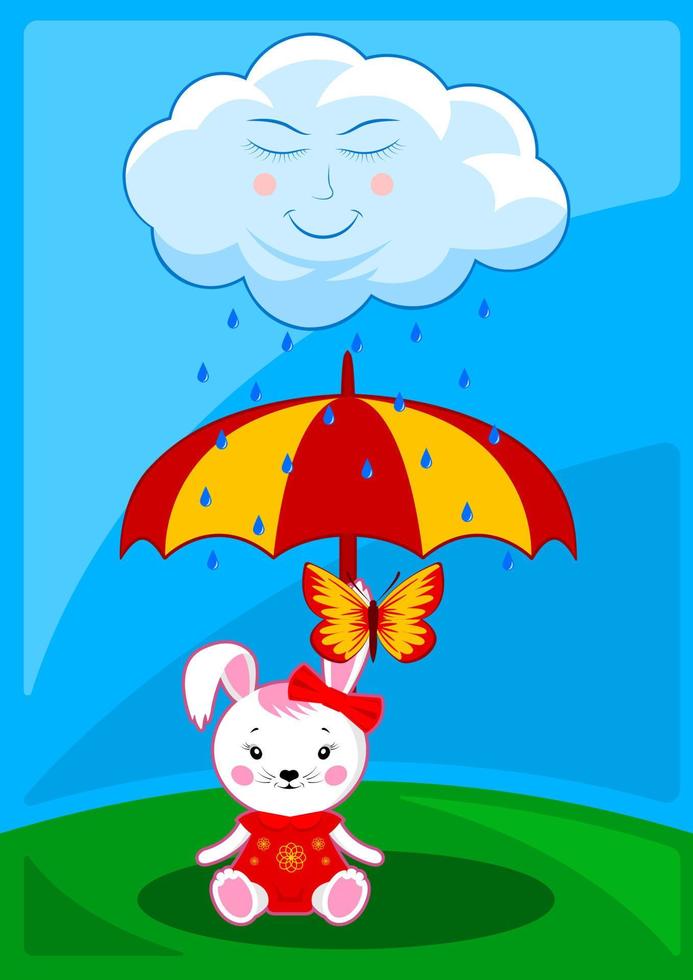 cute rain cloud and bunny under the umbrella cartoon vector