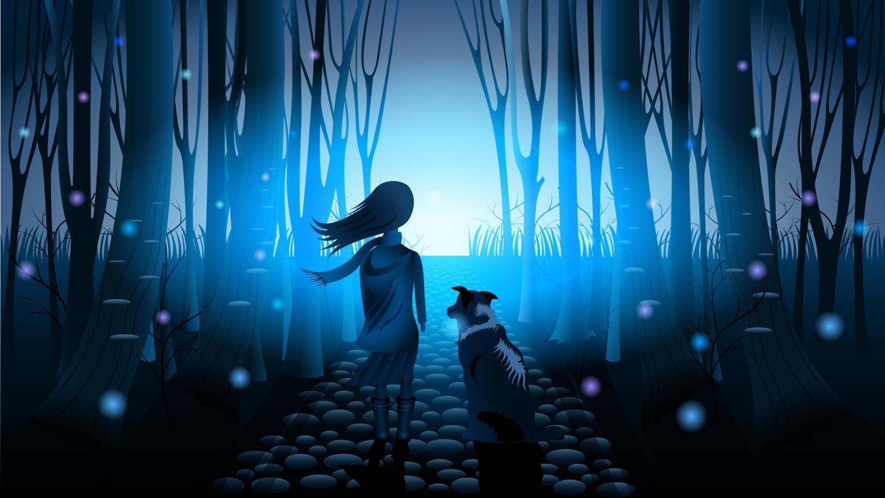 Little girl with dog in mysterious forest vector