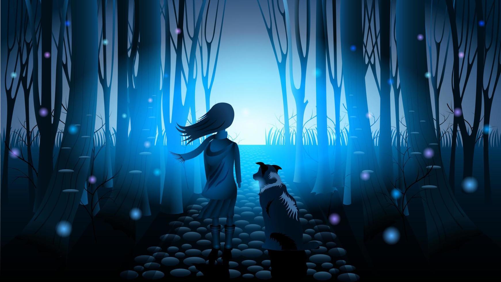 niña con perro en el bosque misterioso vector