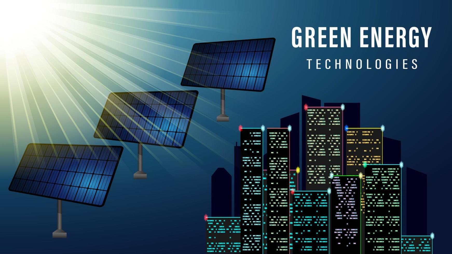Green energy solar panel and city realistic background vector