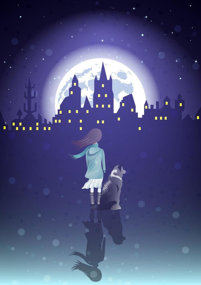 girl with a dog under the moonlight vector