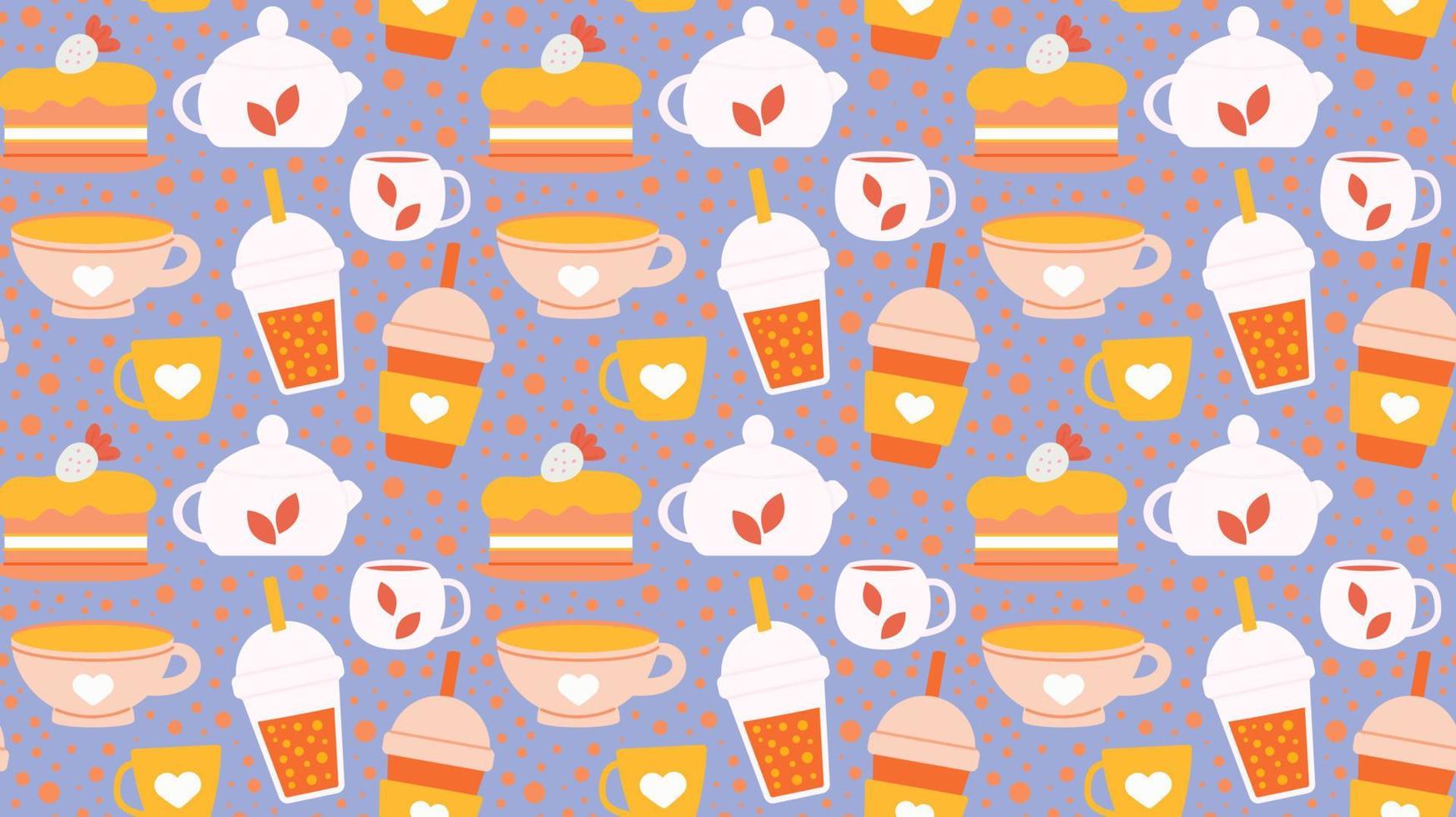 Seamless repeating pattern with drinks and desserts for cafe menu. Print for a shop with tea and coffee and a hot drink. Vector illustration.