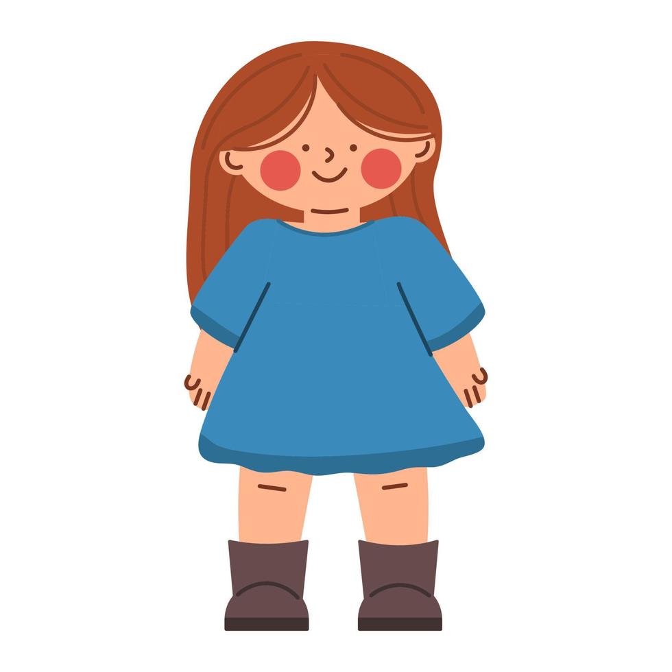 La pequeña adolescente característica divertida con un vestido está de pie y sonriendo. ilustración vectorial en estilo de dibujos animados. vector