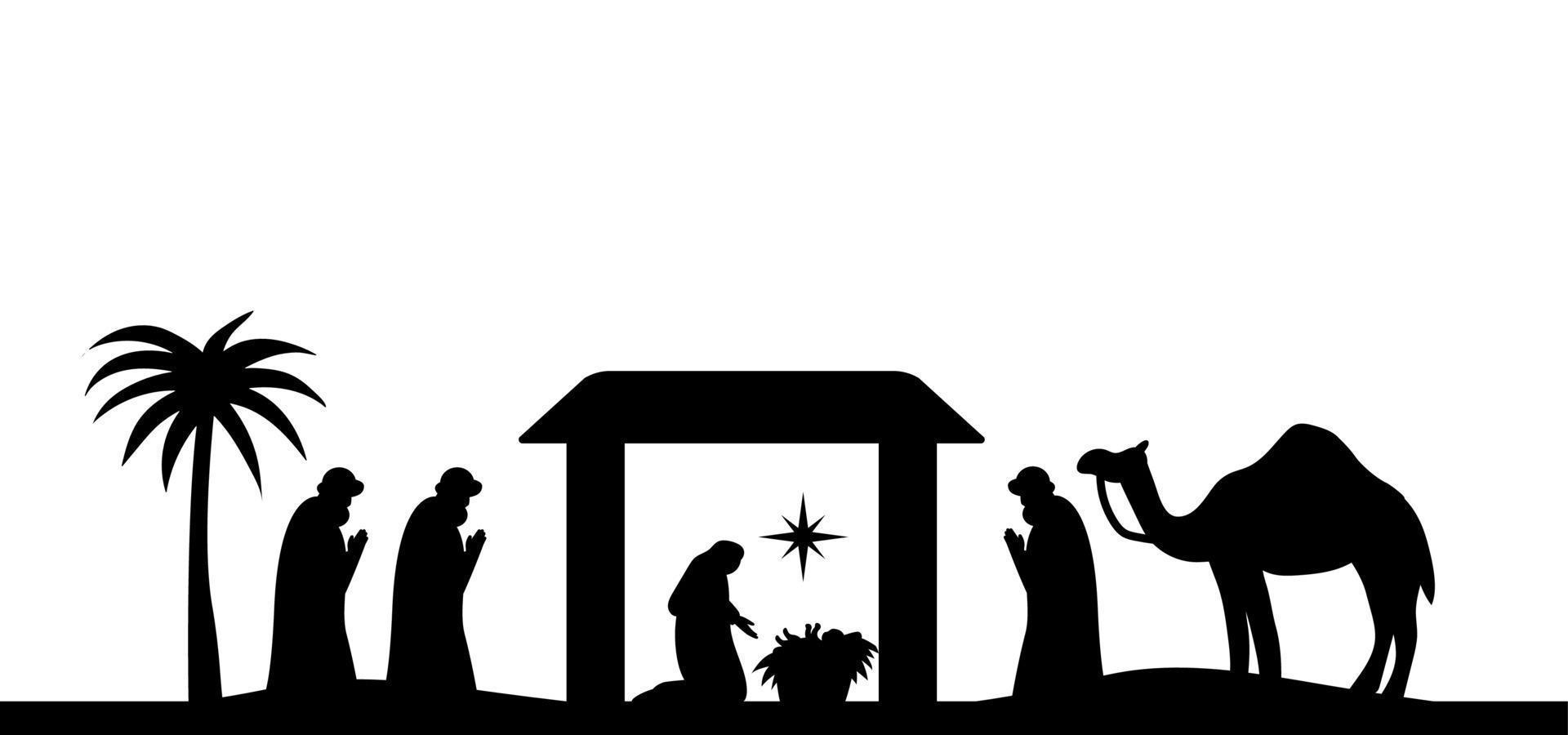 noche santa del nacimiento del niño jesucristo silueta escena de la religión cristianismo escena de la natividad. Historia religiosa bíblica de los católicos. corte para scrapbooking e impresión. ilustración vectorial. vector