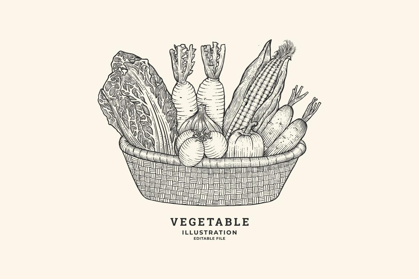 vegetables basket hand drawn collection vector