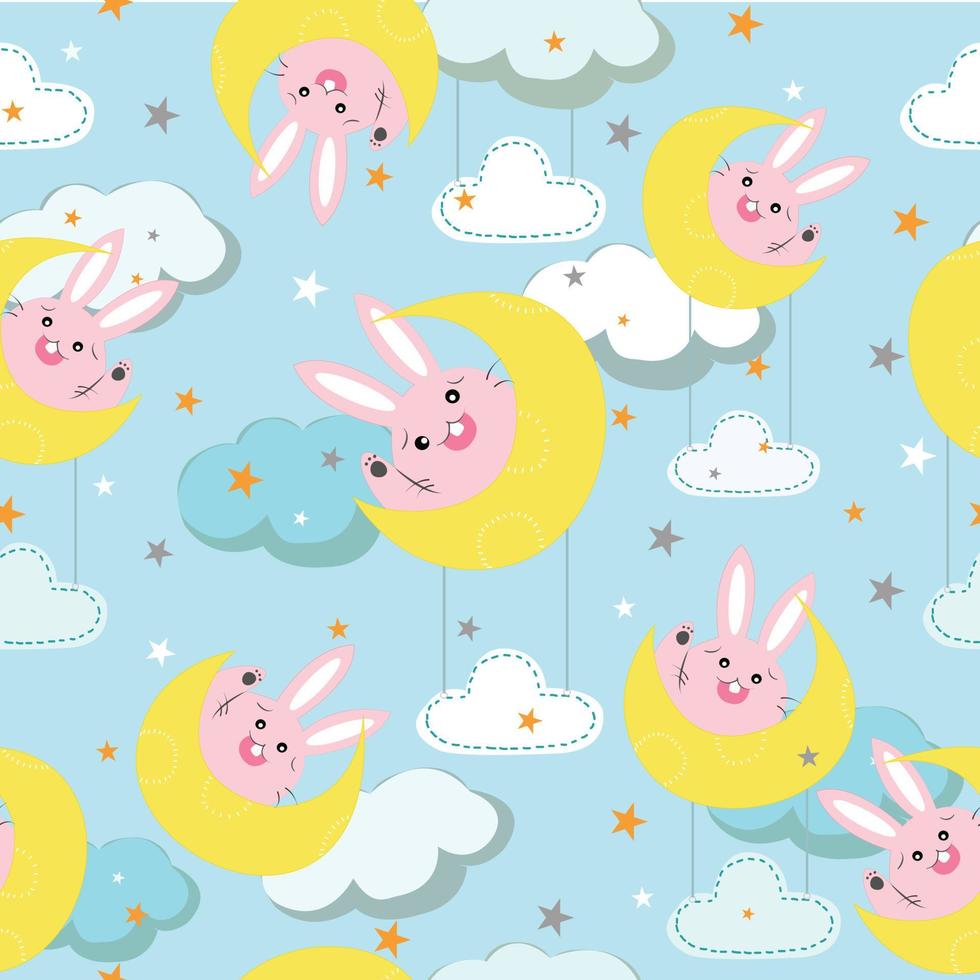 Cute rabbit in a crescent moon seamless pattern vector