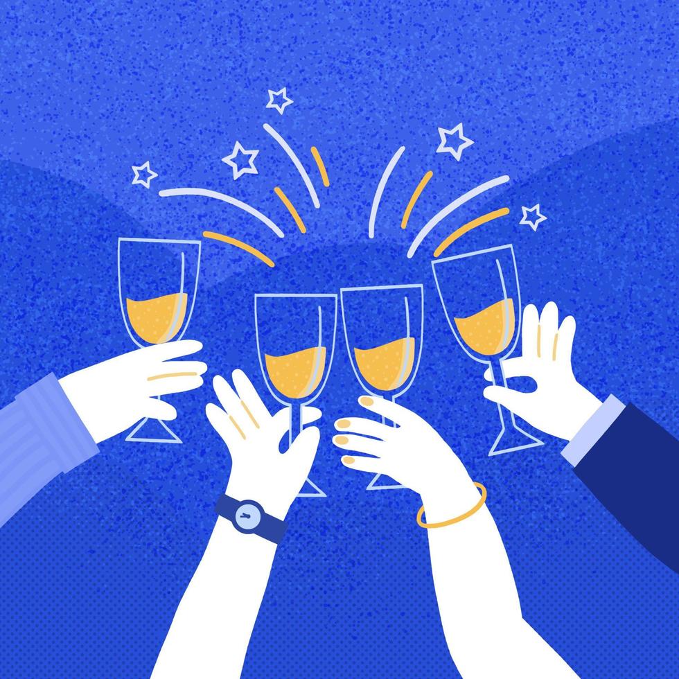 Man, woman hands celebrating, clinking glasses with alcohol drinks vector