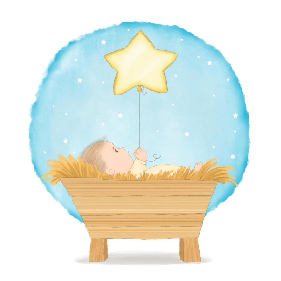 niño jesús sosteniendo un globo en forma de estrella vector