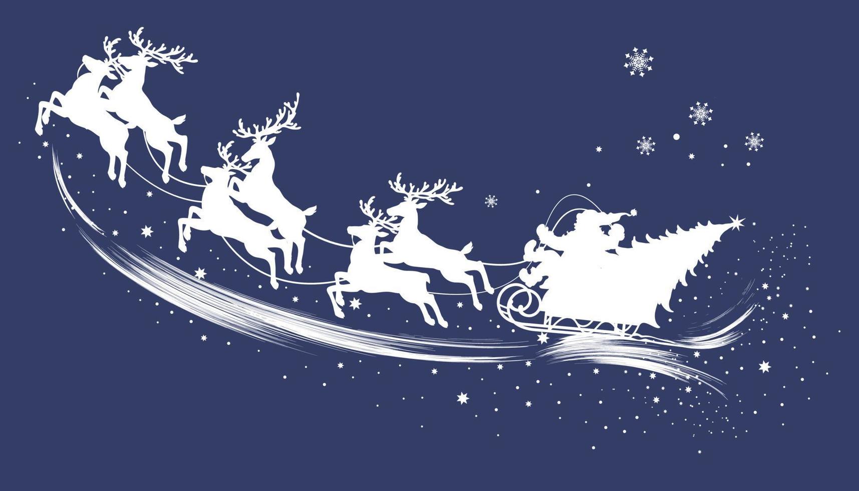 Silhouette of Santa Claus in a sleigh with a Christmas tree pulled by reindeer. vector