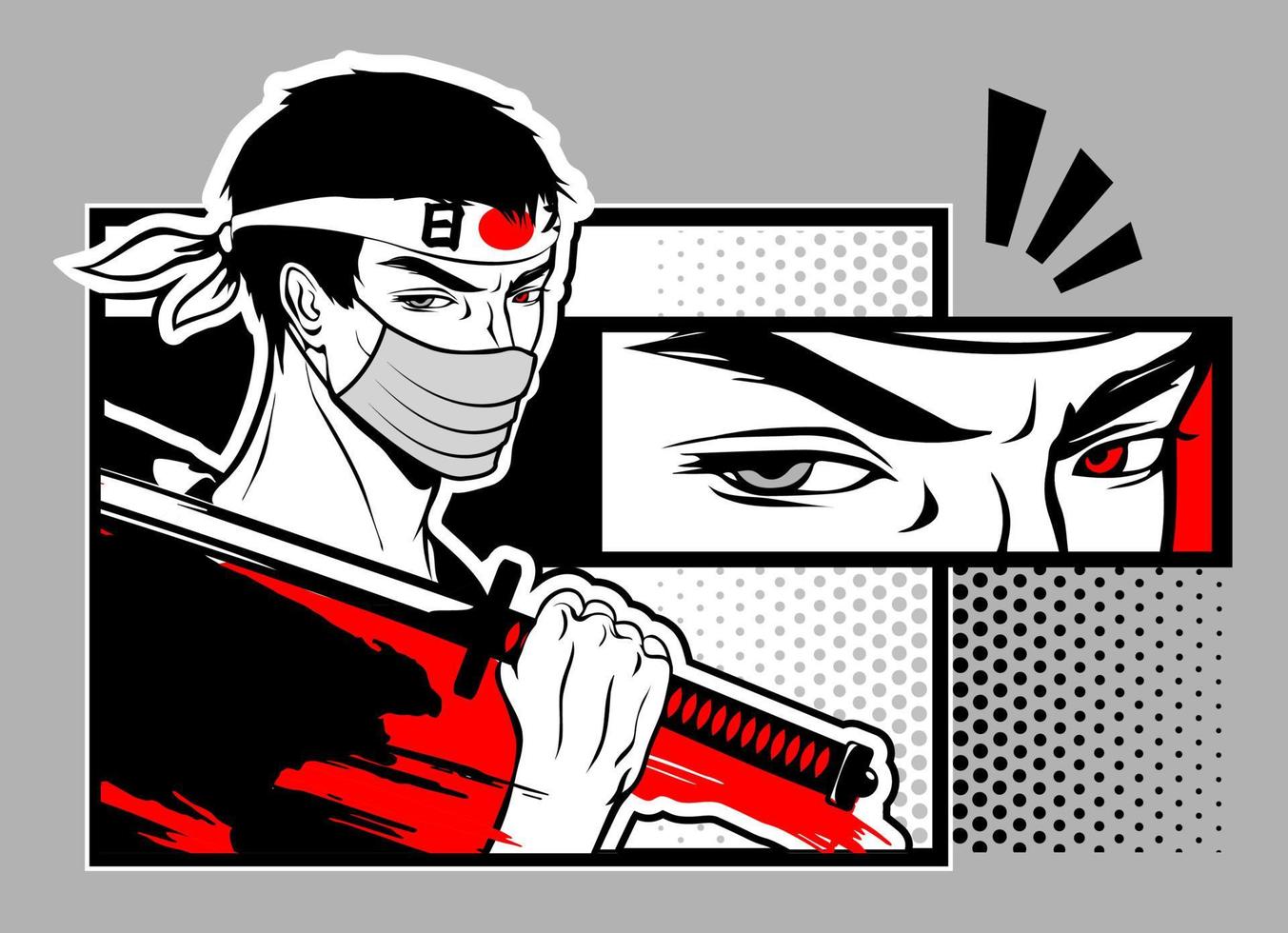 un guerrero samurái enmascarado sostiene una katana en su hombro. arte marcial y defensa. Ilustración de estilo manga. vector