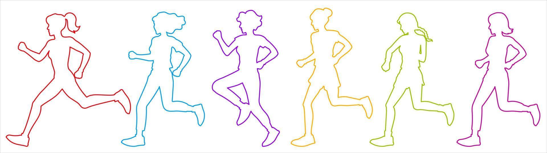 Set of contours of running girls and women of different colors. Silhouettes without fill on a white background. Illustration for sports and healthy lifestyle. vector