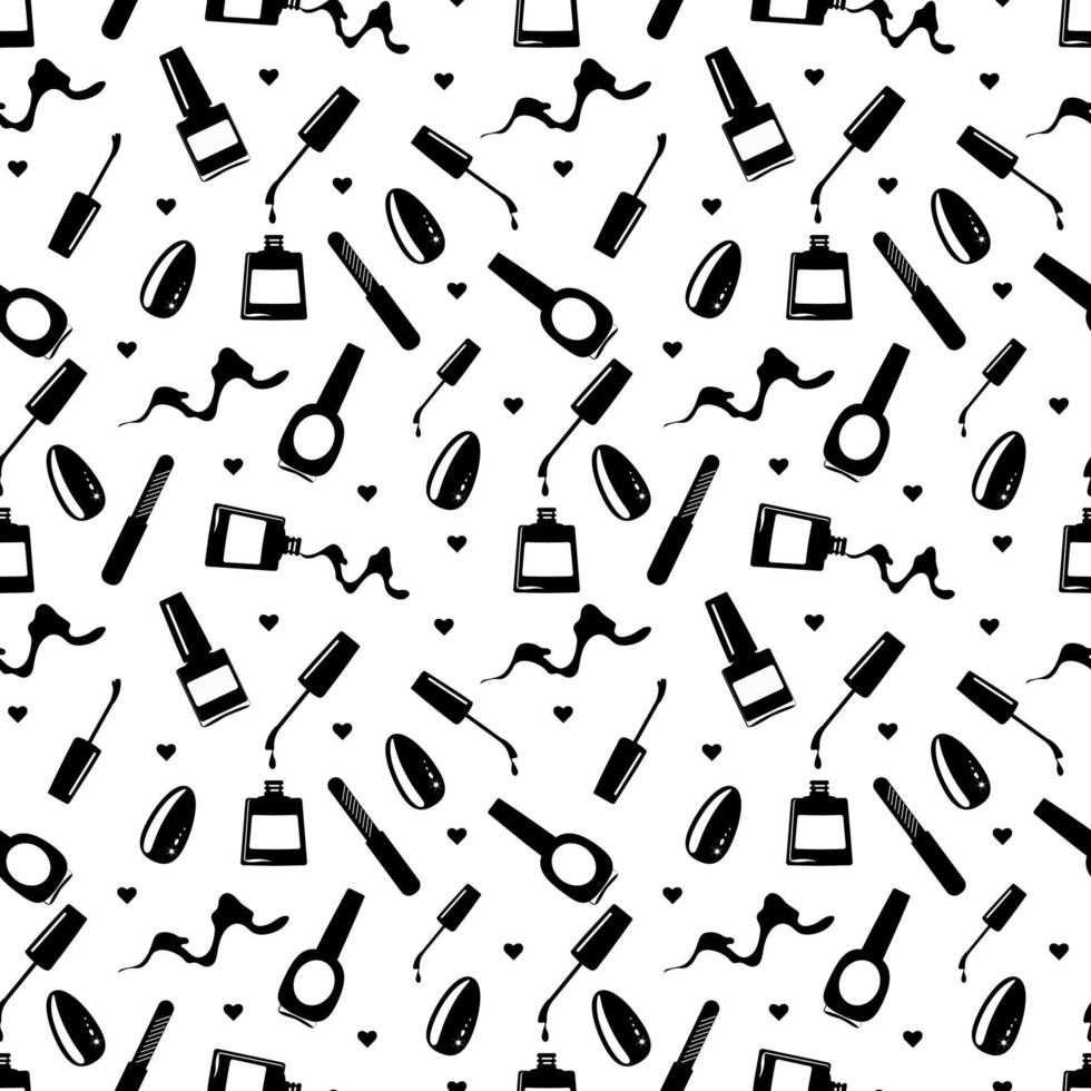 Seamless pattern of painted nail, file, nail polishes, hand, dripping varnish, beautiful manicure, hearts. vector