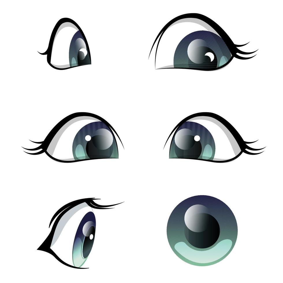 conjunto de personaje de dibujos animados de ojos azules, anime en diferentes ángulos. Ilustración vectorial de ojos femeninos, de bebé aislados sobre fondo blanco. vector