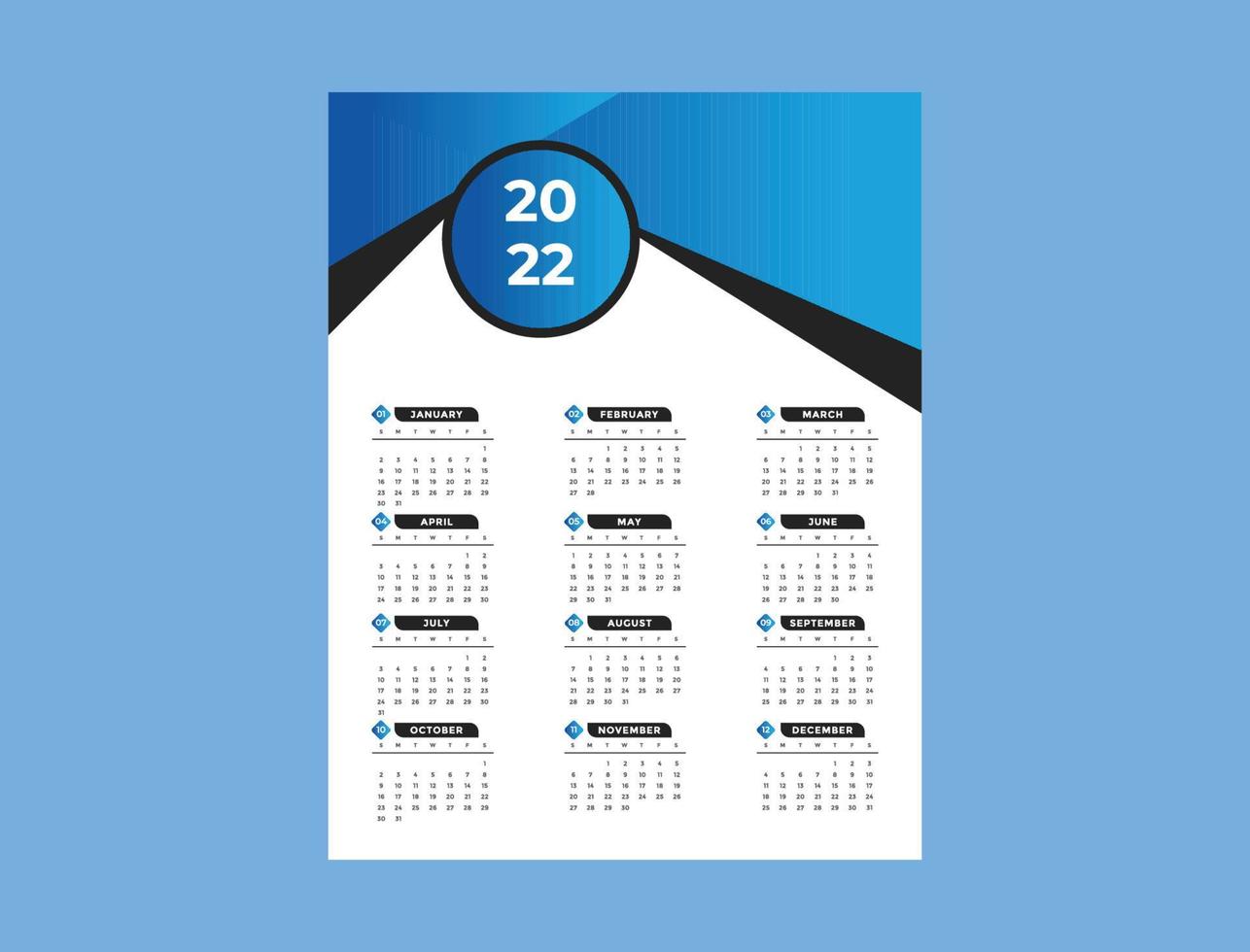 plantilla de diseño de calendario de una página 2022, archivo editable vector