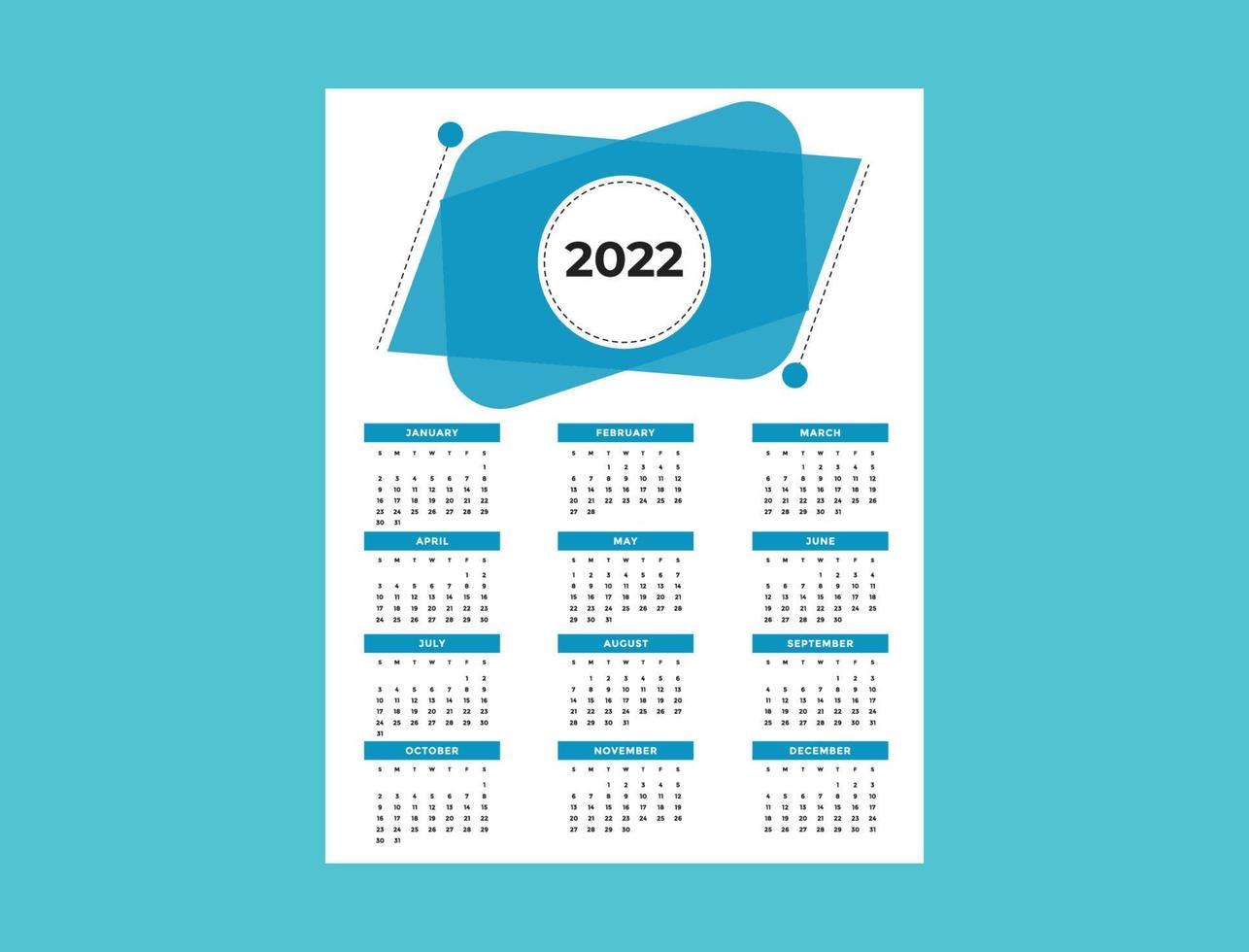 plantilla de diseño de calendario de una página 2022, lista para imprimir vector