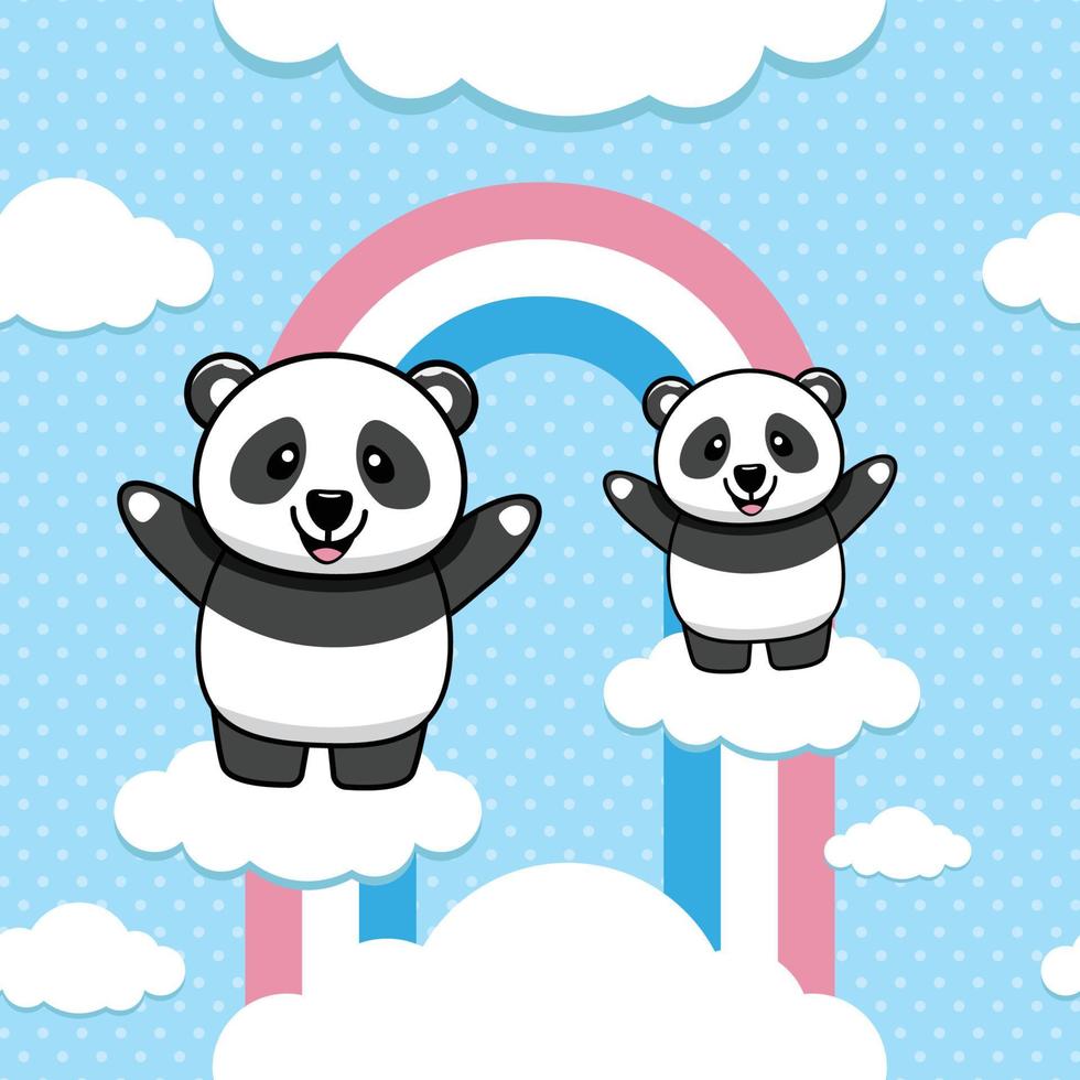 Cute panda character, cute smiling expression with raised hand, rainbow and cloud background suitable for wallpaper, t-shirt and other design needs. vector