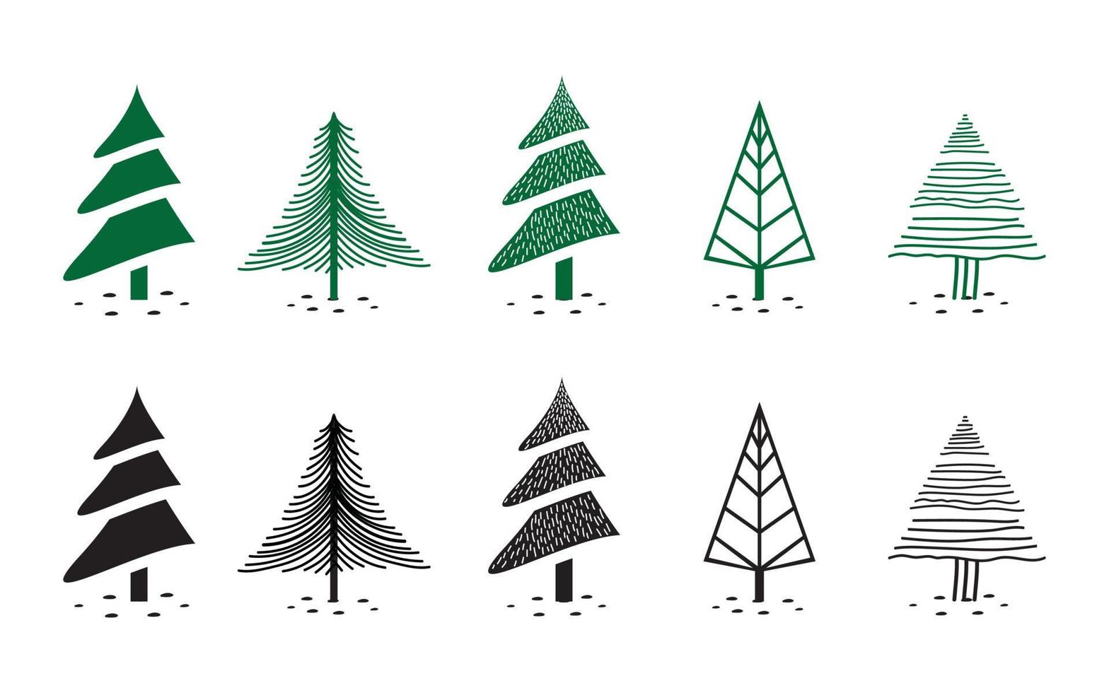 Christmas tree illustration set - various tree shapes in a hand-drawn style. vector