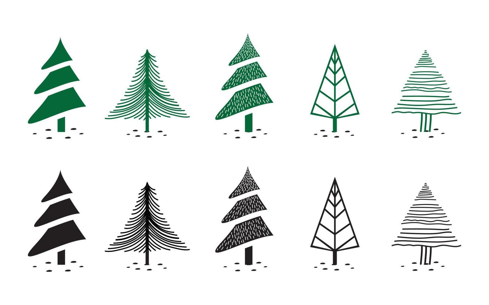 Christmas tree illustration set - various tree shapes in a hand-drawn