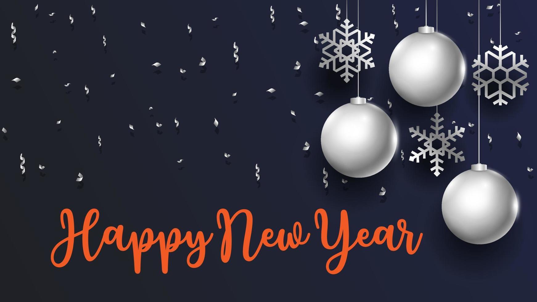 cartel de celebración de feliz año nuevo con bolas de cristal plateadas y copos de nieve vector