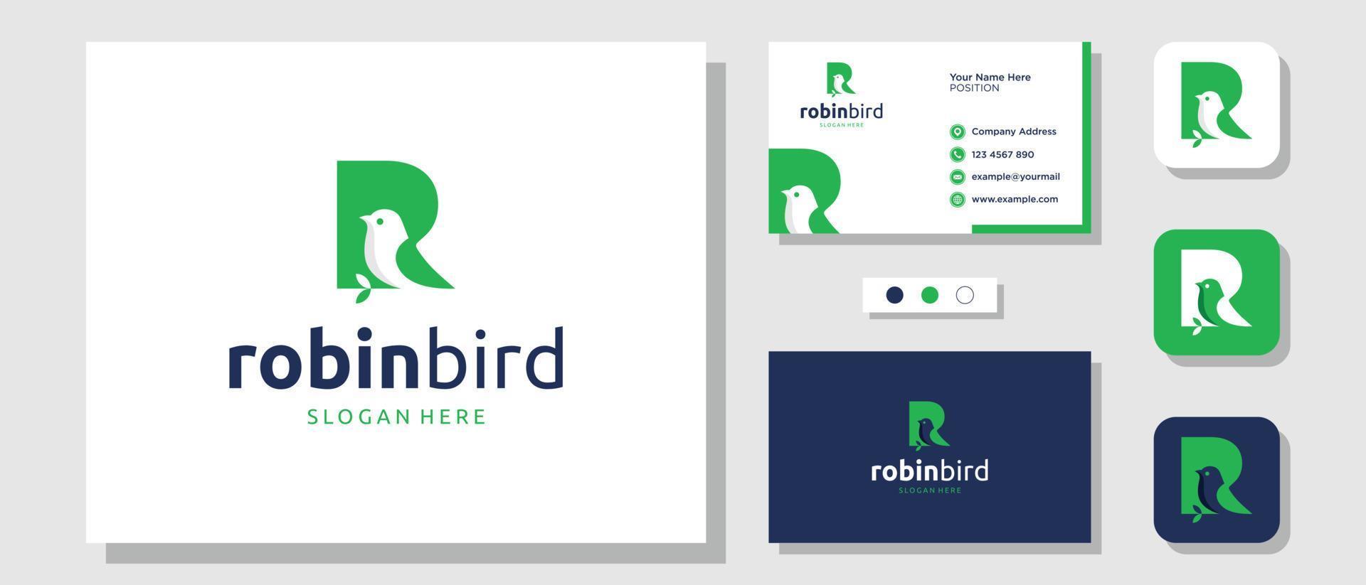 Robin Bird Logo Design with Initial Letter R Layout Business Card Template vector