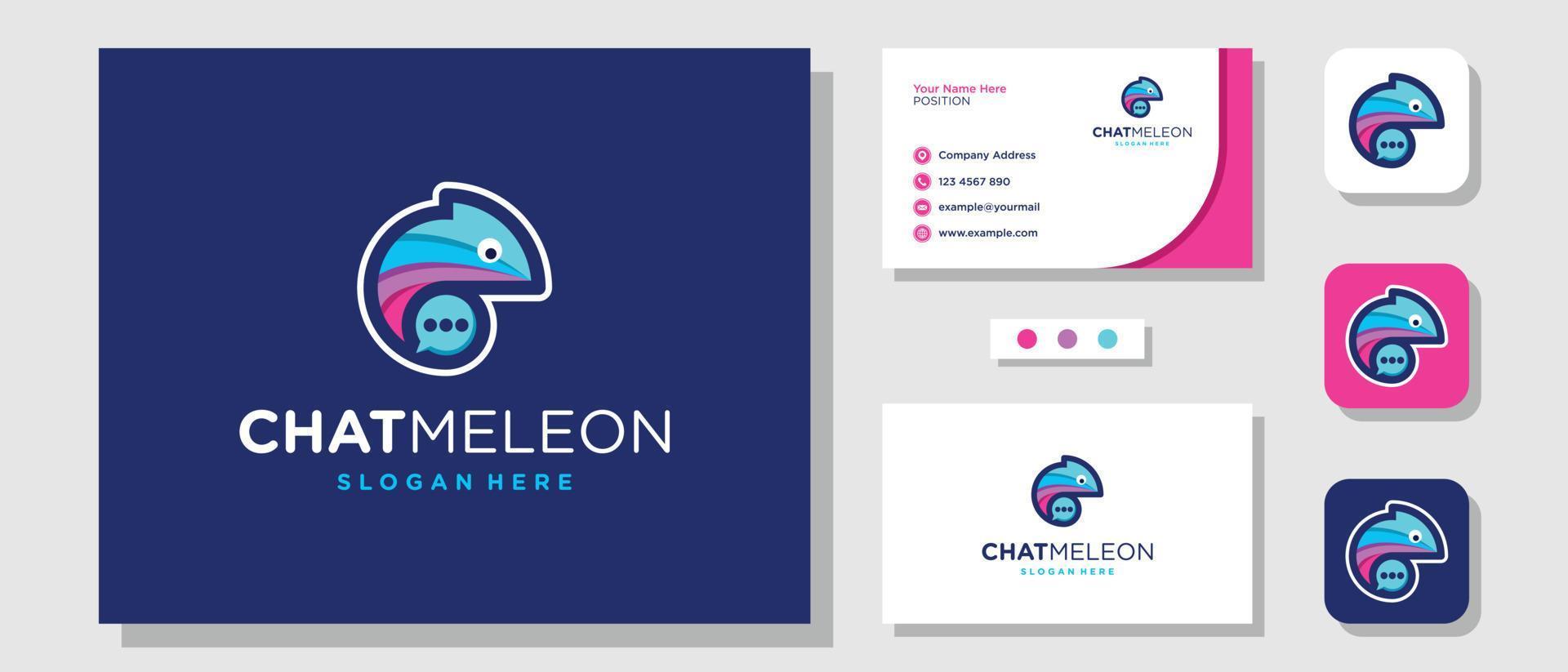 Colorful Cute Chameleon Bubble Chat Logo Design with Layout Template Business Card vector