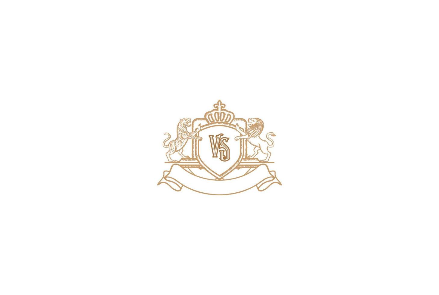 Strong Royal Shield Crown Crest with Lion and Tiger Badge Emblem Logo Design Vector