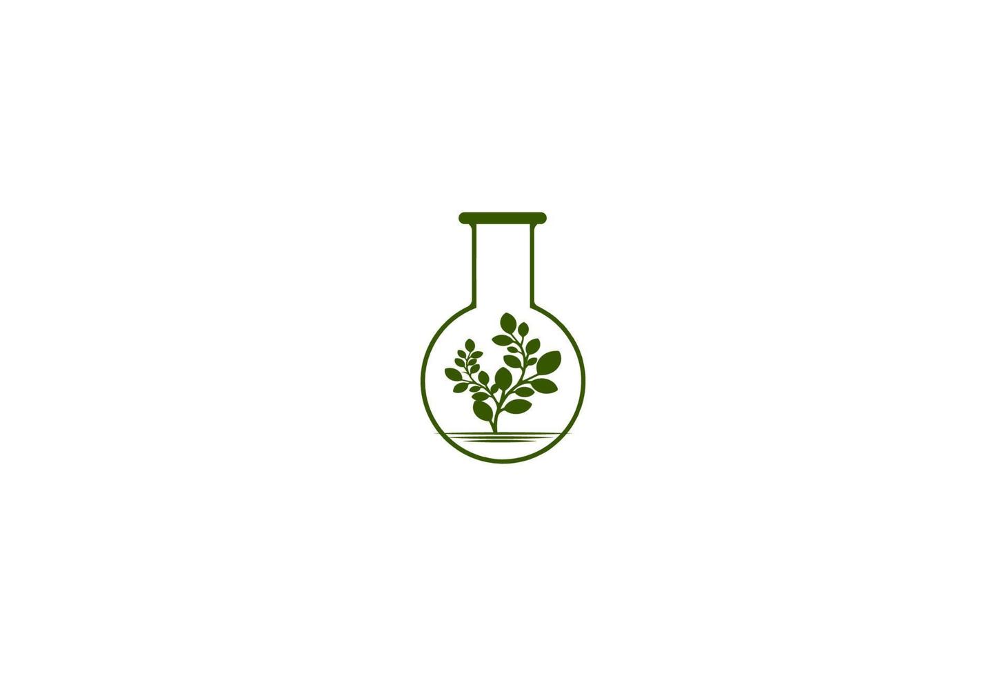 Planta de árbol verde con vidrio de laboratorio para vector de diseño de logotipo de investigación científica