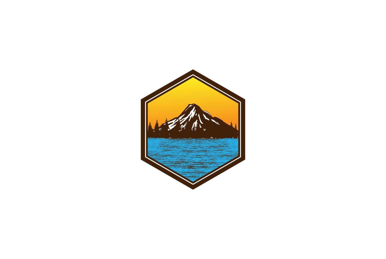 Ice Mountain Pine Evergreen Fir Hemlock Spruce Conifer Cedar Coniferous Cypress Larch Trees Forest Creek River Lake Badge Logo Design Vector