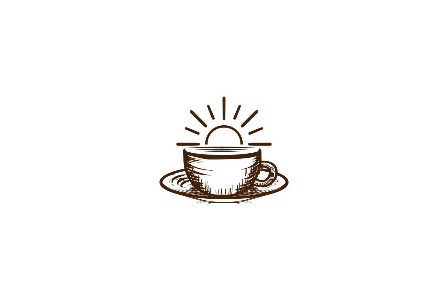 Vintage Retro Sunrise Morning with Coffee Mug For Cafe Bistro Restaurant Logo Design Vector