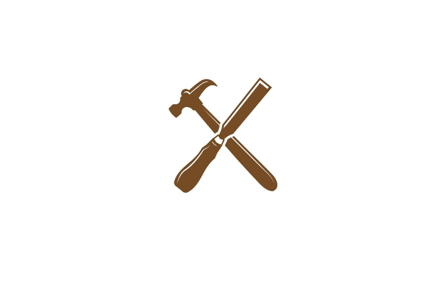 Rustic Crossed Hammer and Chisel for Carpenter or Woodworking Logo Design Vector