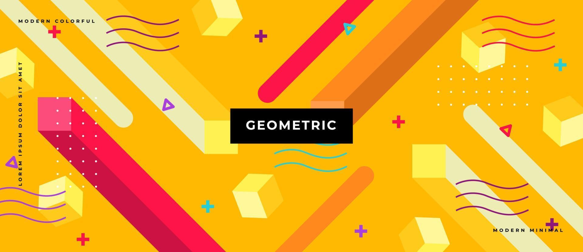 Vector illustration of memphis retro styled geometric shape moving in yellow background.
