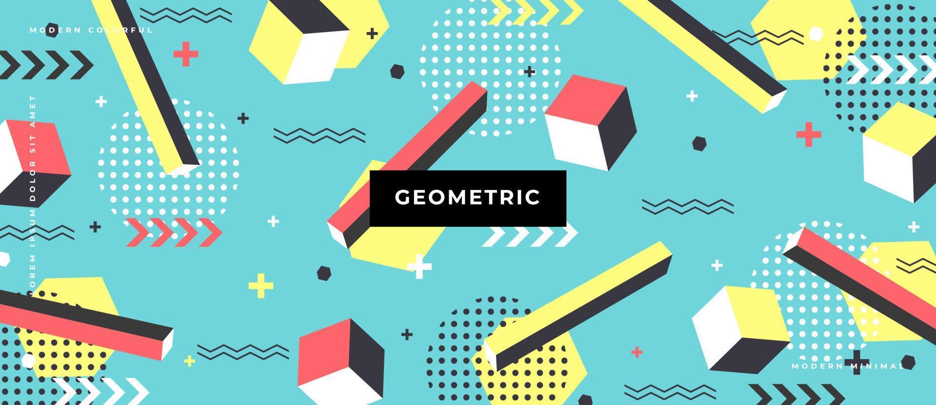 elementos planos de tendencias de los 90 con formas geométricas simples multicolores. estilo memphis con hexágono, cuadrado, círculos, líneas de fondo. vector