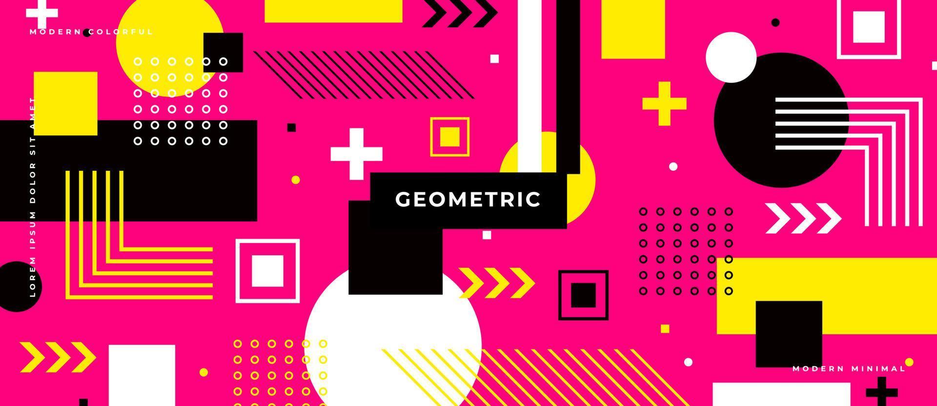 Colorful elements with multicolored polygon geometric shapes. Memphis style circle, square, line, dot on neon pink background. vector