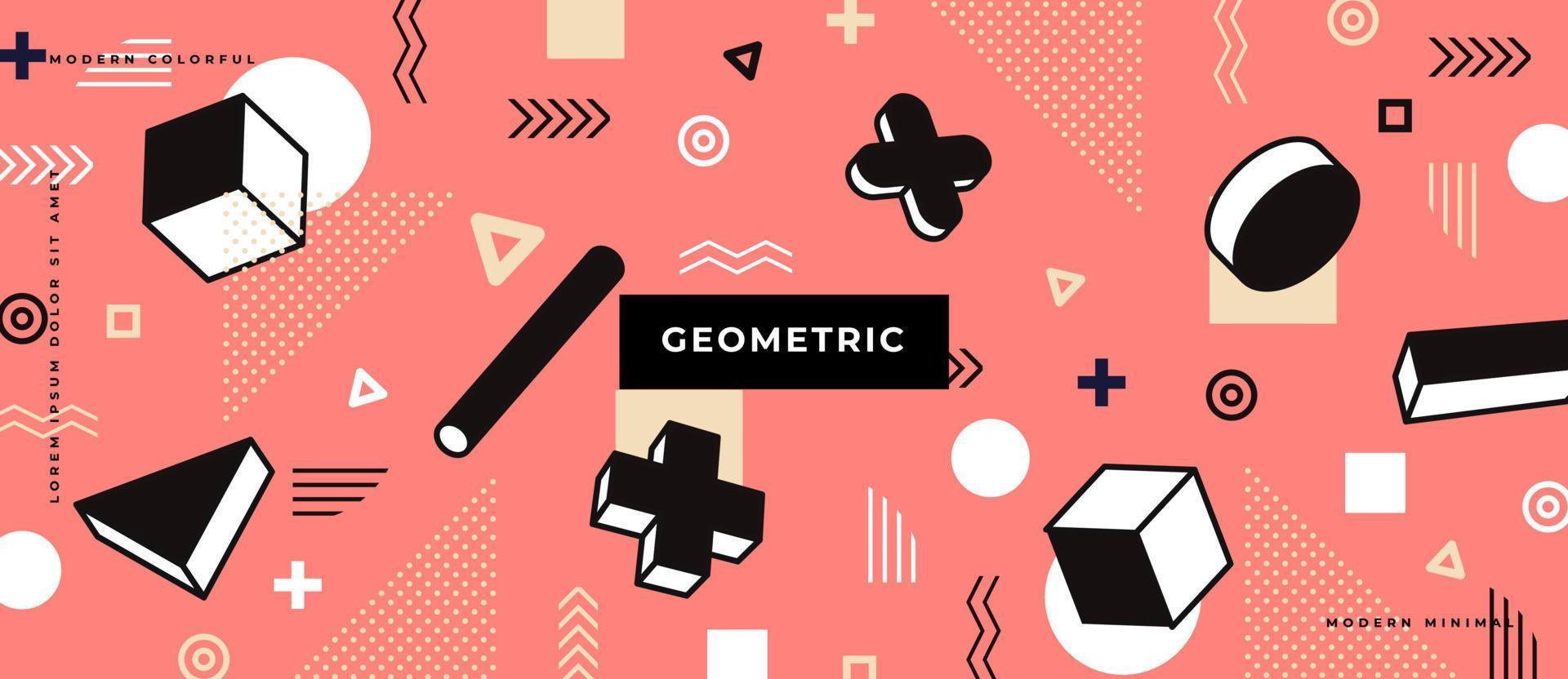 80s seamless pattern with geometric shapes in memphis style. Moving cube, circle, tube, cross, dot, line on pastel background. vector