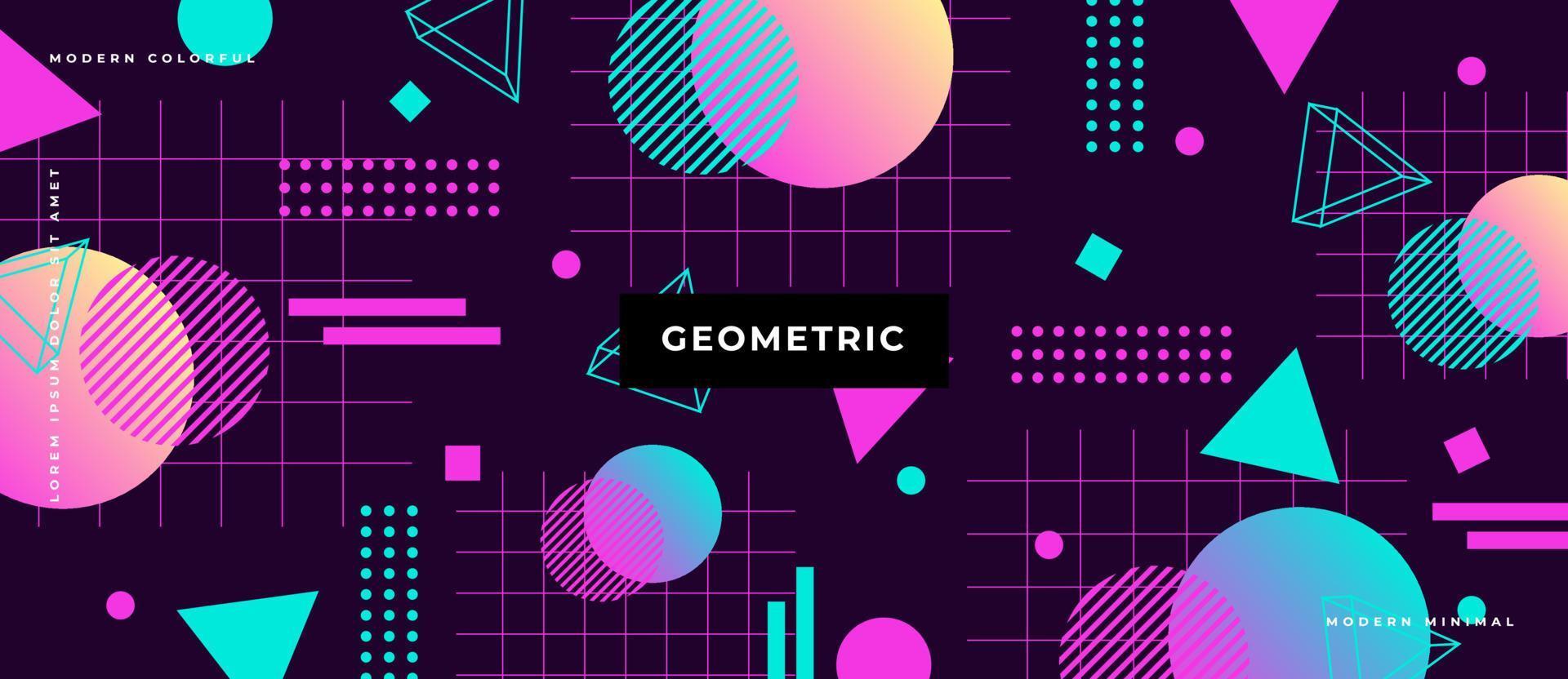 Flat polygon shape Futuristic seamless pattern with memphis style geometric shapes, circle, line, dot triangle on neon background. vector