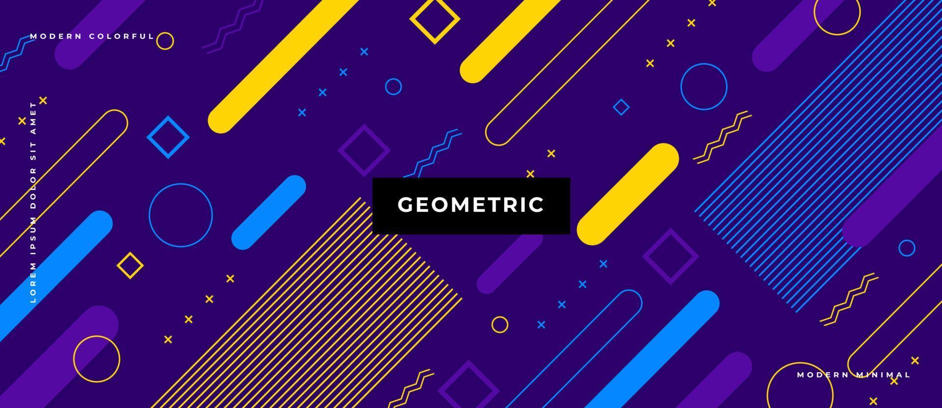 Flat colorful different geometric shapes pattern square, circles, dots, lines on blue background. Memphis style. vector